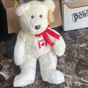 Ty White Bear with Red Ribbon and Canada Flag